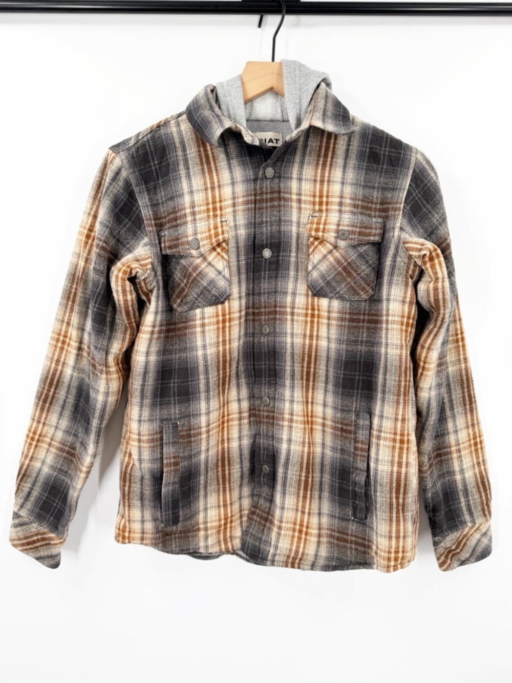 Ariat Brown Gray Tan Plaid Hooded Jacket